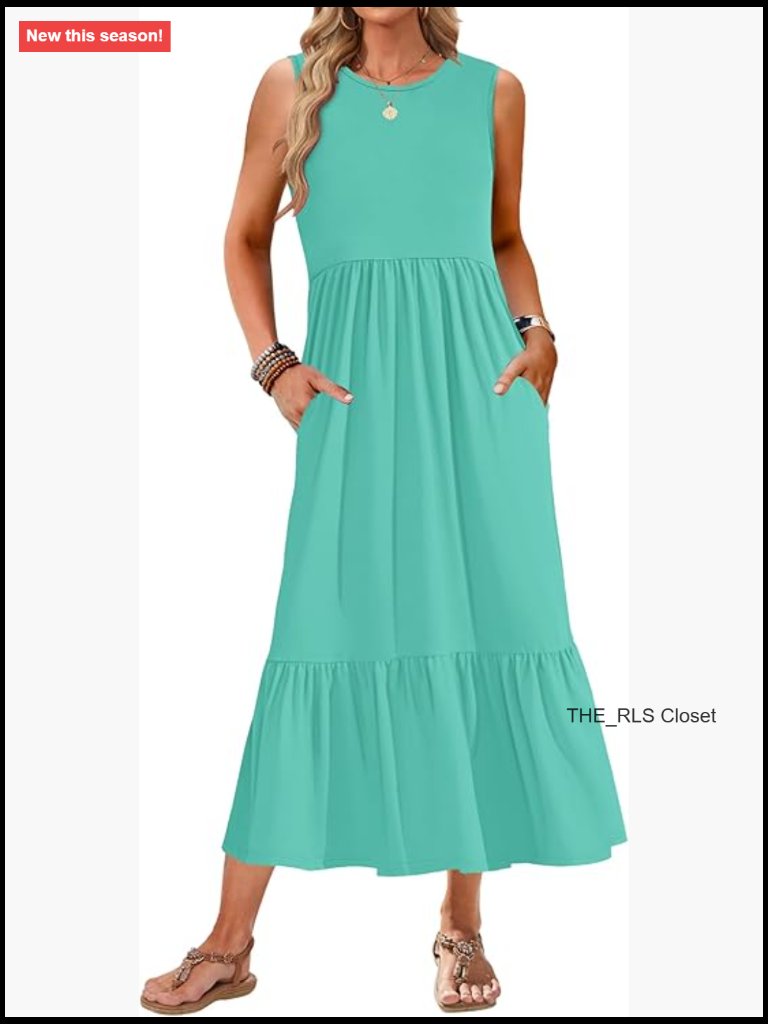 Sleeveless Maxi Dress Crewneck Flowy Tiered Sundress With Pockets